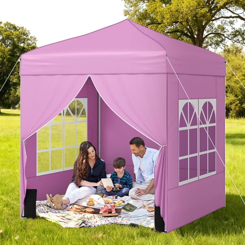 Costway - 6.5 x 6.5 FT Pop up Canopy Tent with 4 Sidewalls and Wheeled Bag-Pink