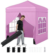 Costway - 6.5 x 6.5 FT Pop up Canopy Tent with 4 Sidewalls and Wheeled Bag-Pink
