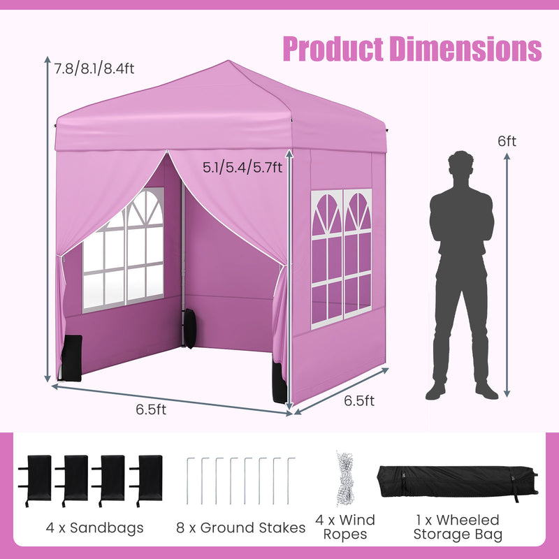 Costway - 6.5 x 6.5 FT Pop up Canopy Tent with 4 Sidewalls and Wheeled Bag-Pink