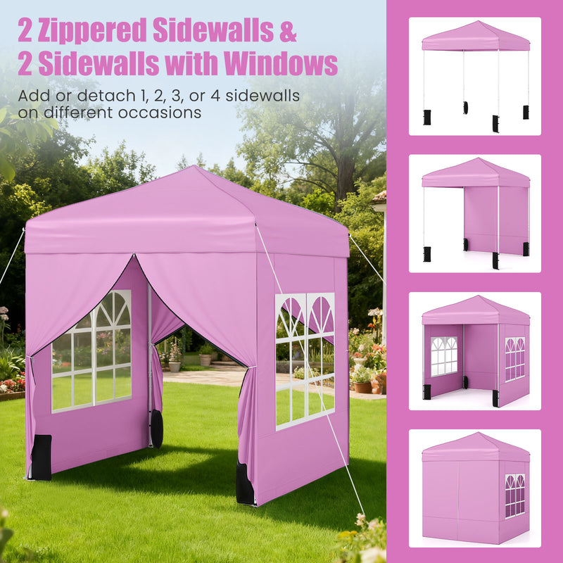 Costway - 6.5 x 6.5 FT Pop up Canopy Tent with 4 Sidewalls and Wheeled Bag-Pink