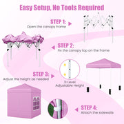 Costway - 6.5 x 6.5 FT Pop up Canopy Tent with 4 Sidewalls and Wheeled Bag-Pink