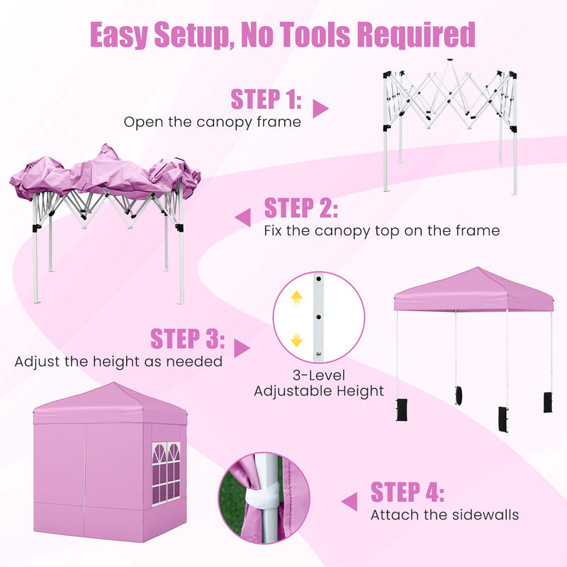 Costway - 6.5 x 6.5 FT Pop up Canopy Tent with 4 Sidewalls and Wheeled Bag-Pink
