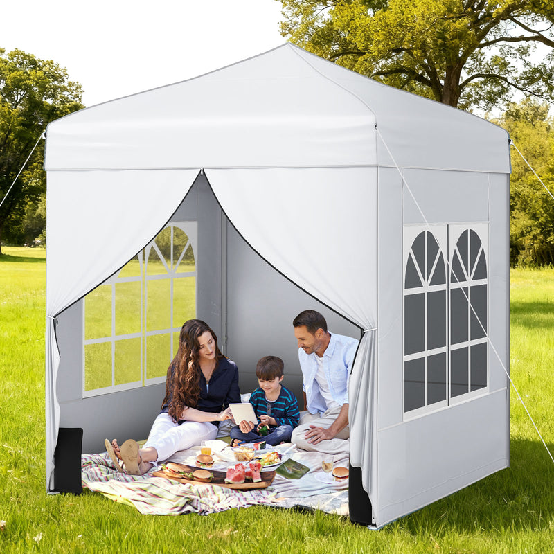 Costway - 6.5 x 6.5 FT Pop up Canopy Tent with 4 Sidewalls and Wheeled Bag-white