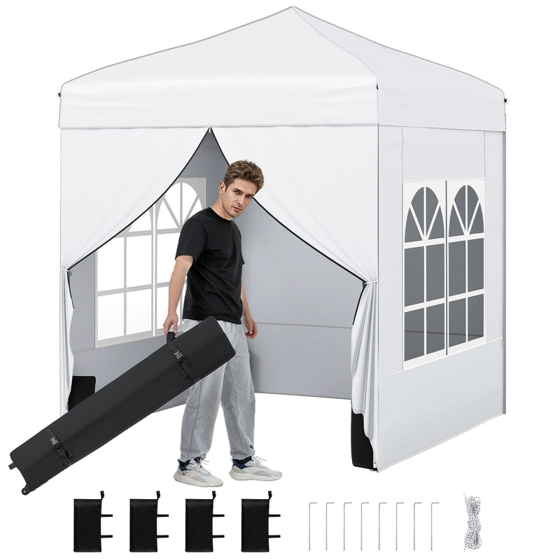 Costway - 6.5 x 6.5 FT Pop up Canopy Tent with 4 Sidewalls and Wheeled Bag-white