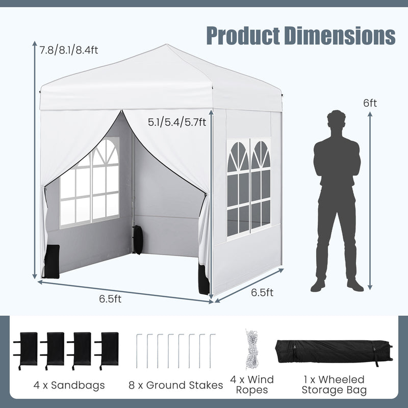 Costway - 6.5 x 6.5 FT Pop up Canopy Tent with 4 Sidewalls and Wheeled Bag-white