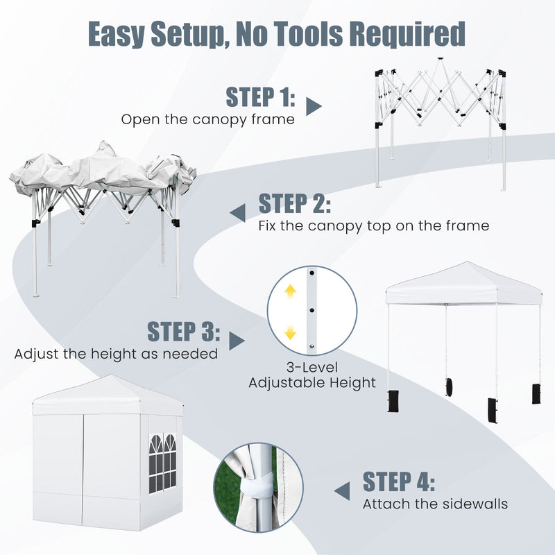 Costway - 6.5 x 6.5 FT Pop up Canopy Tent with 4 Sidewalls and Wheeled Bag-white