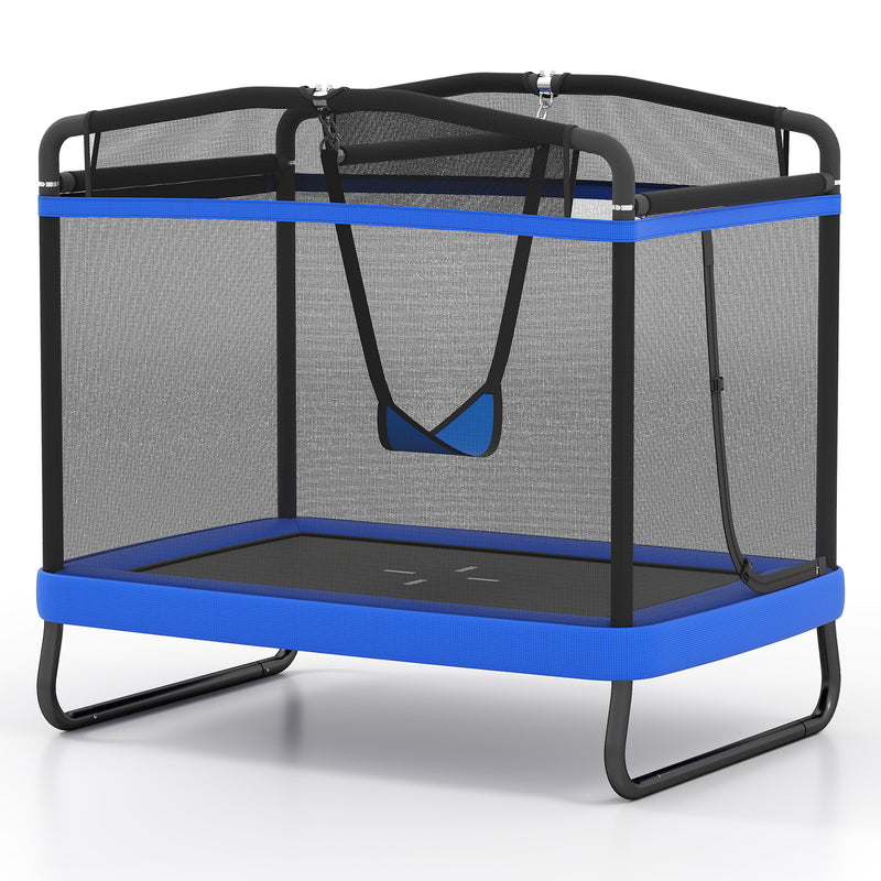 Costway - 6 FT Kids Trampoline with Swing and Horizontal Bar Small Rectangle Trampoline-Blue