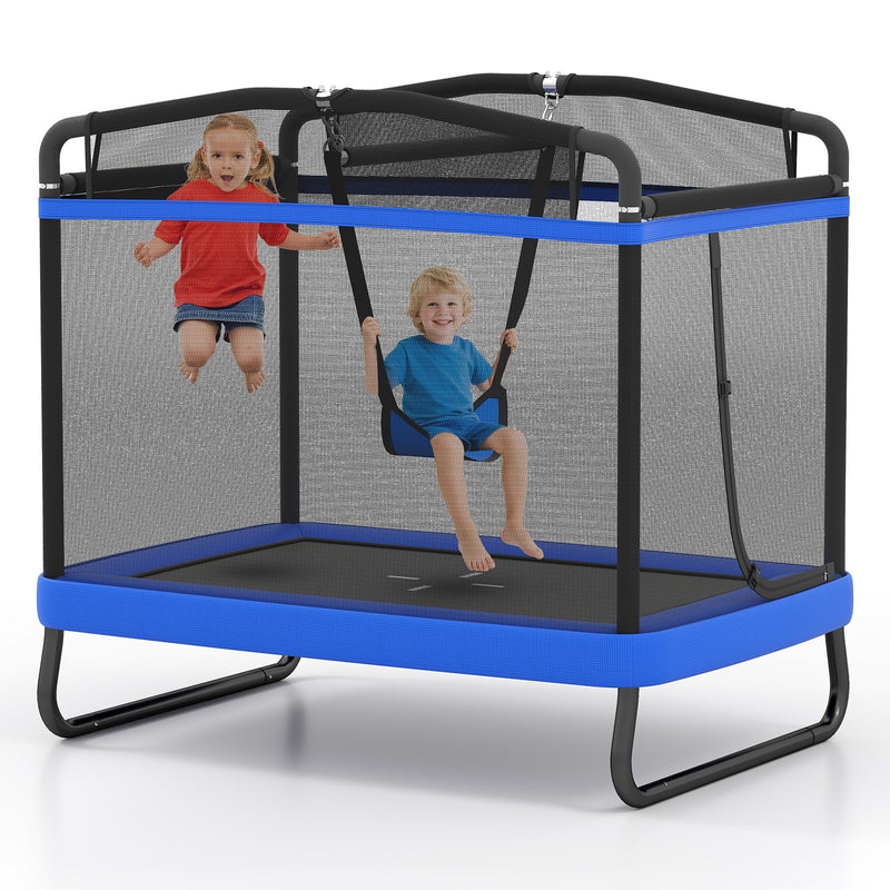 Costway - 6 FT Kids Trampoline with Swing and Horizontal Bar Small Rectangle Trampoline-Blue