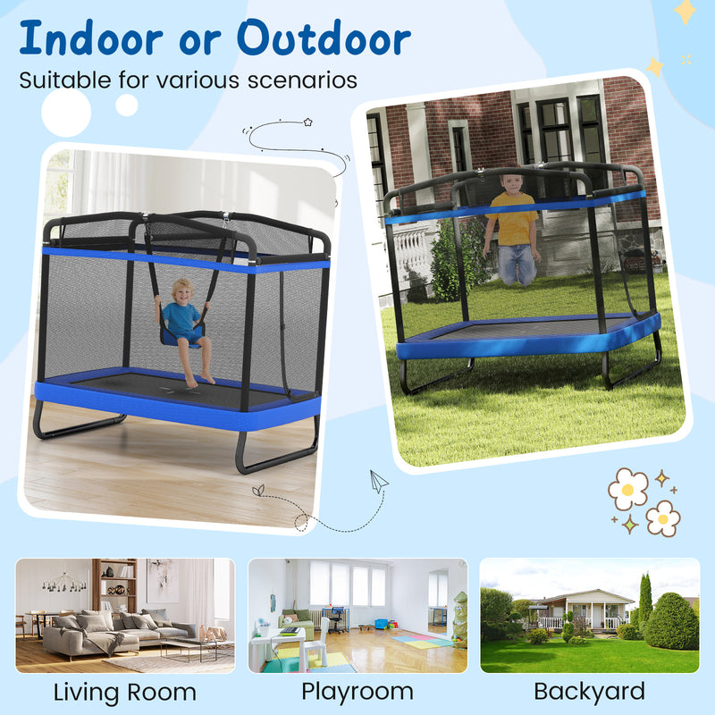 Costway - 6 FT Kids Trampoline with Swing and Horizontal Bar Small Rectangle Trampoline-Blue