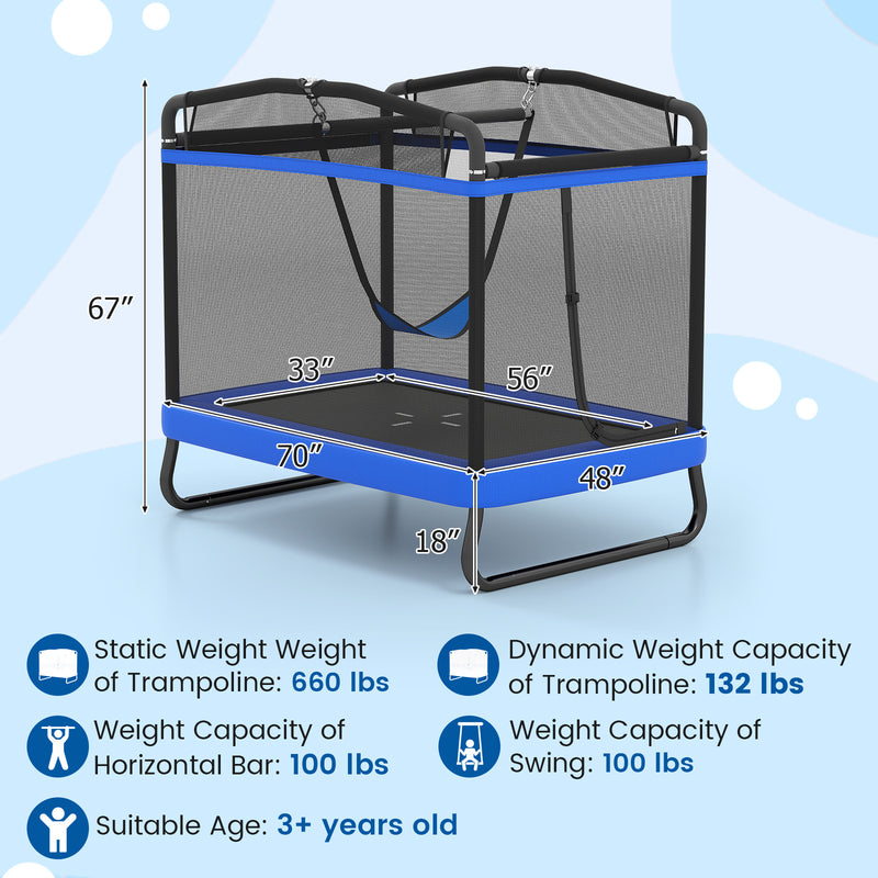 Costway - 6 FT Kids Trampoline with Swing and Horizontal Bar Small Rectangle Trampoline-Blue