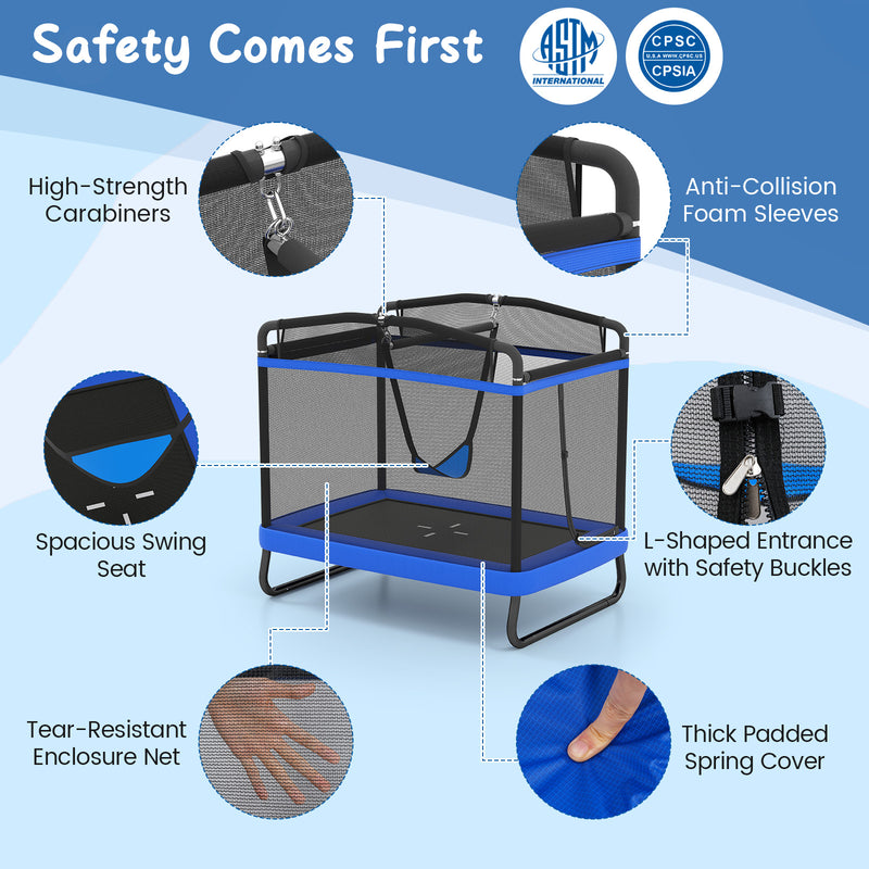 Costway - 6 FT Kids Trampoline with Swing and Horizontal Bar Small Rectangle Trampoline-Blue