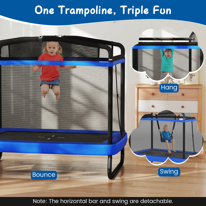 Costway - 6 FT Kids Trampoline with Swing and Horizontal Bar Small Rectangle Trampoline-Blue