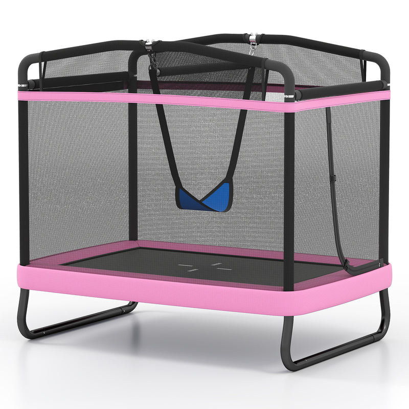 Costway - 6 FT Kids Trampoline with Swing and Horizontal Bar Small Rectangle Trampoline-Pink