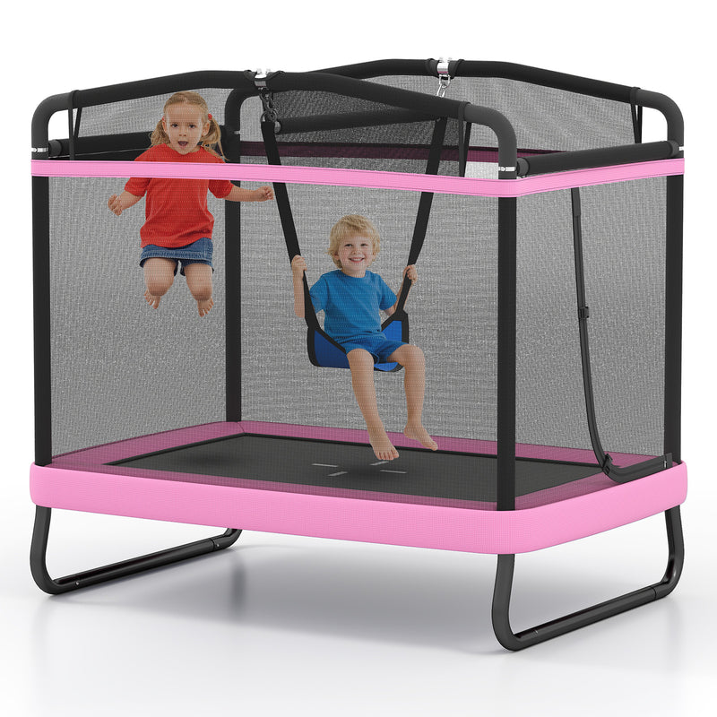 Costway - 6 FT Kids Trampoline with Swing and Horizontal Bar Small Rectangle Trampoline-Pink