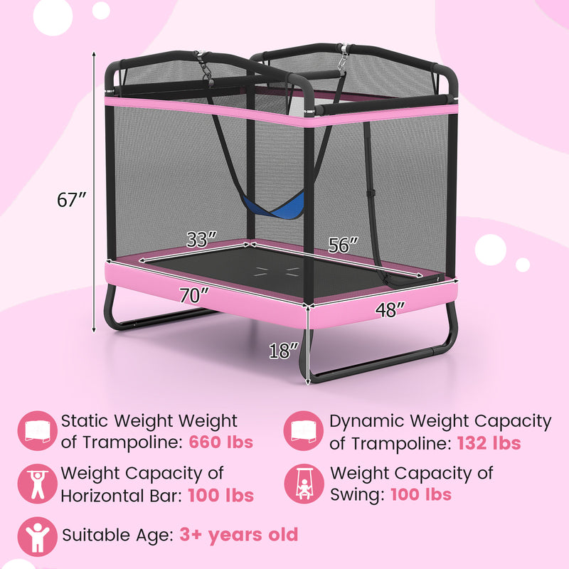 Costway - 6 FT Kids Trampoline with Swing and Horizontal Bar Small Rectangle Trampoline-Pink