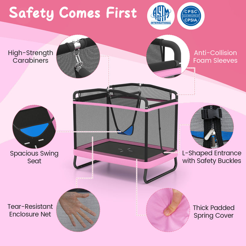 Costway - 6 FT Kids Trampoline with Swing and Horizontal Bar Small Rectangle Trampoline-Pink