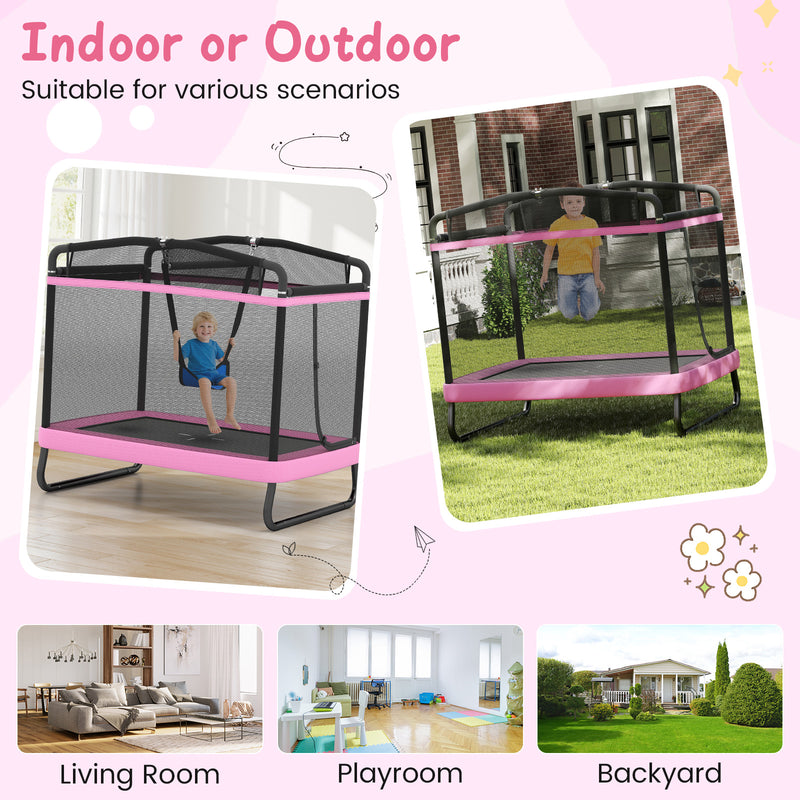 Costway - 6 FT Kids Trampoline with Swing and Horizontal Bar Small Rectangle Trampoline-Pink