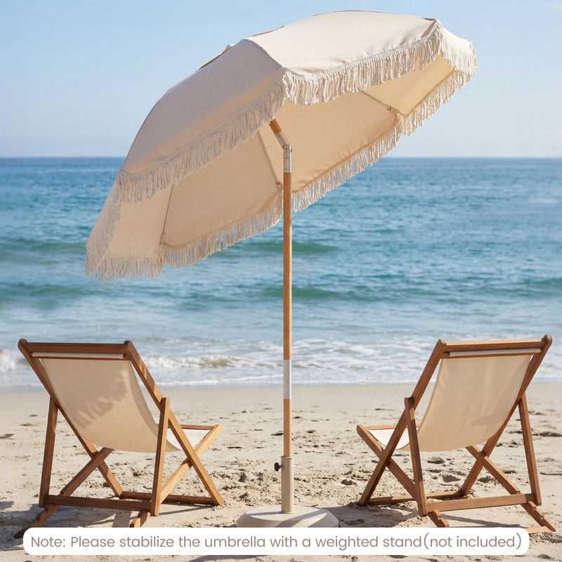 Costway - 6 Feet Patio Umbrella with Fringe with Push Button Tilt and Wood Pole-White