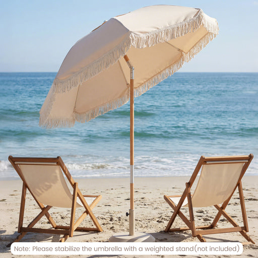 Costway - 6 Feet Patio Umbrella with Fringe with Push Button Tilt and Wood Pole-White