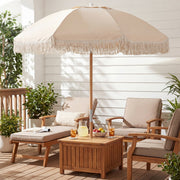 Costway - 6 Feet Patio Umbrella with Fringe with Push Button Tilt and Wood Pole-White