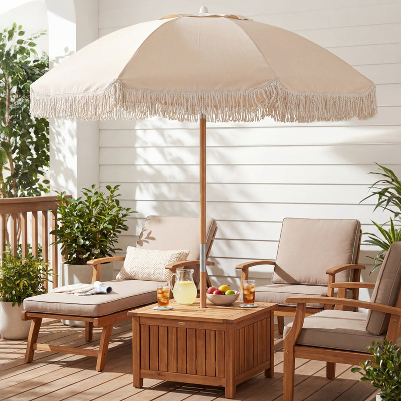 Costway - 6 Feet Patio Umbrella with Fringe with Push Button Tilt and Wood Pole-White