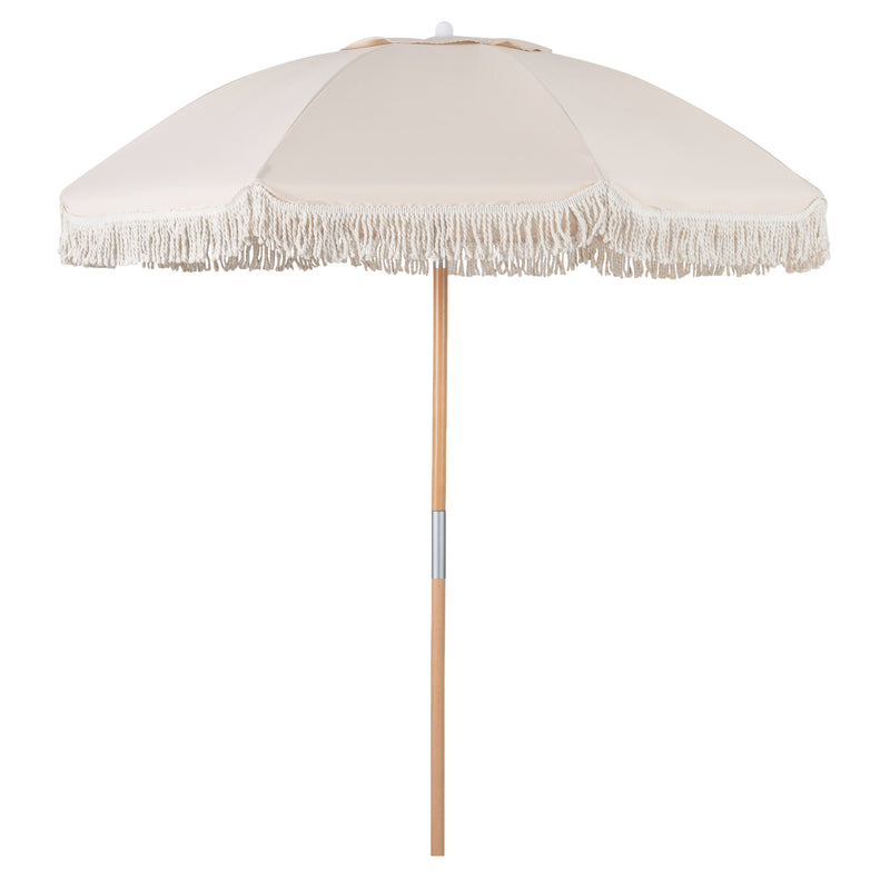 Costway - 6 Feet Patio Umbrella with Fringe with Push Button Tilt and Wood Pole-White