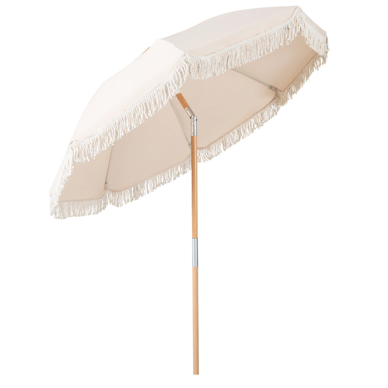 Costway - 6 Feet Patio Umbrella with Fringe with Push Button Tilt and Wood Pole-White