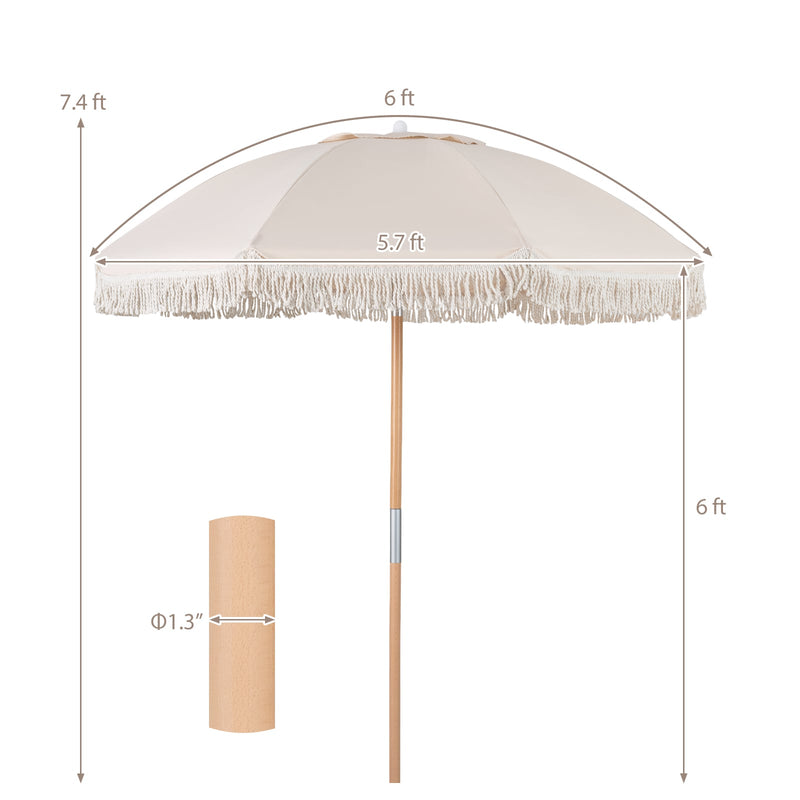 Costway - 6 Feet Patio Umbrella with Fringe with Push Button Tilt and Wood Pole-White