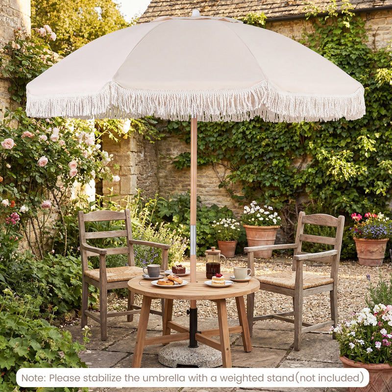 Costway - 6 Feet Patio Umbrella with Fringe with Push Button Tilt and Wood Pole-White