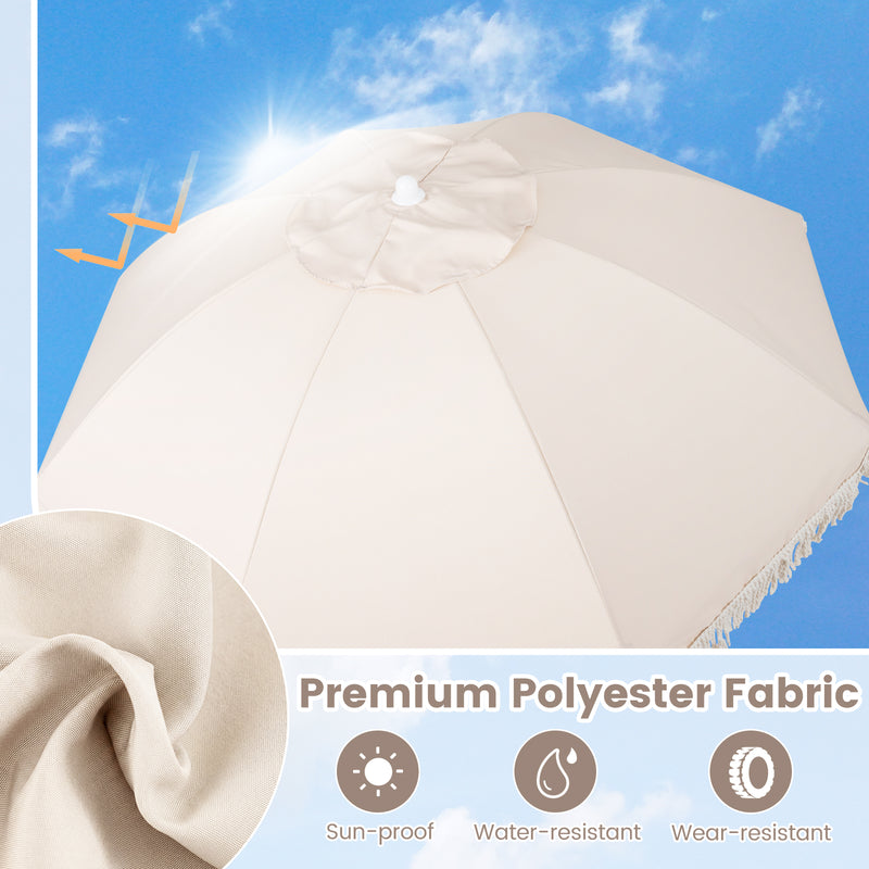 Costway - 6 Feet Patio Umbrella with Fringe with Push Button Tilt and Wood Pole-White