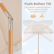 Costway - 6 Feet Patio Umbrella with Fringe with Push Button Tilt and Wood Pole-White