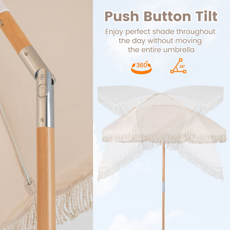 Costway - 6 Feet Patio Umbrella with Fringe with Push Button Tilt and Wood Pole-White