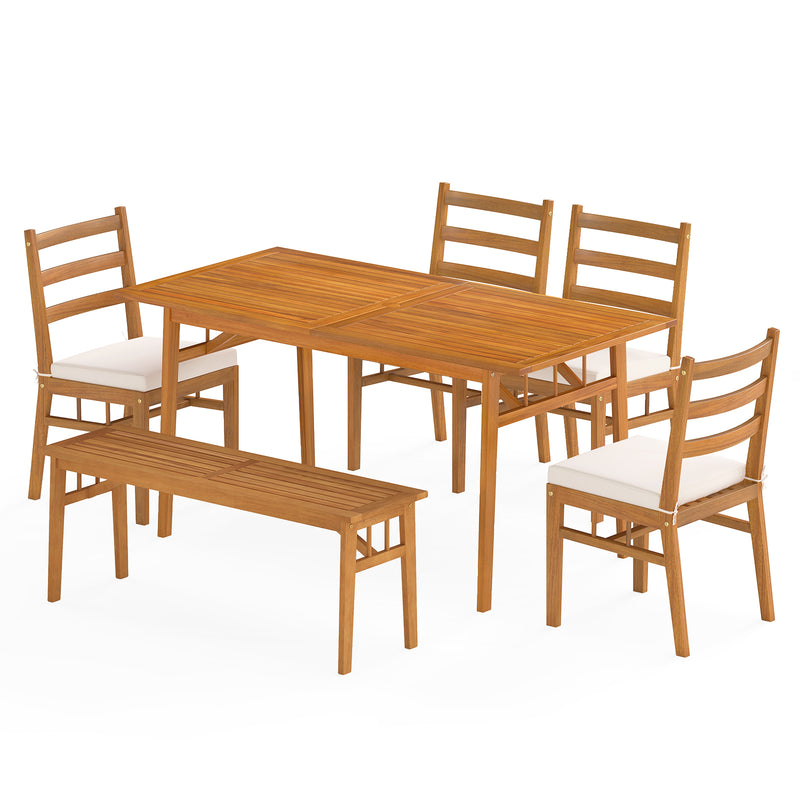 Costway - 6 Pieces Patio Acacia Wood Dining Set with Bench Rectangular Table and Chairs