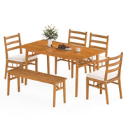 Costway - 6 Pieces Patio Acacia Wood Dining Set with Bench Rectangular Table and Chairs