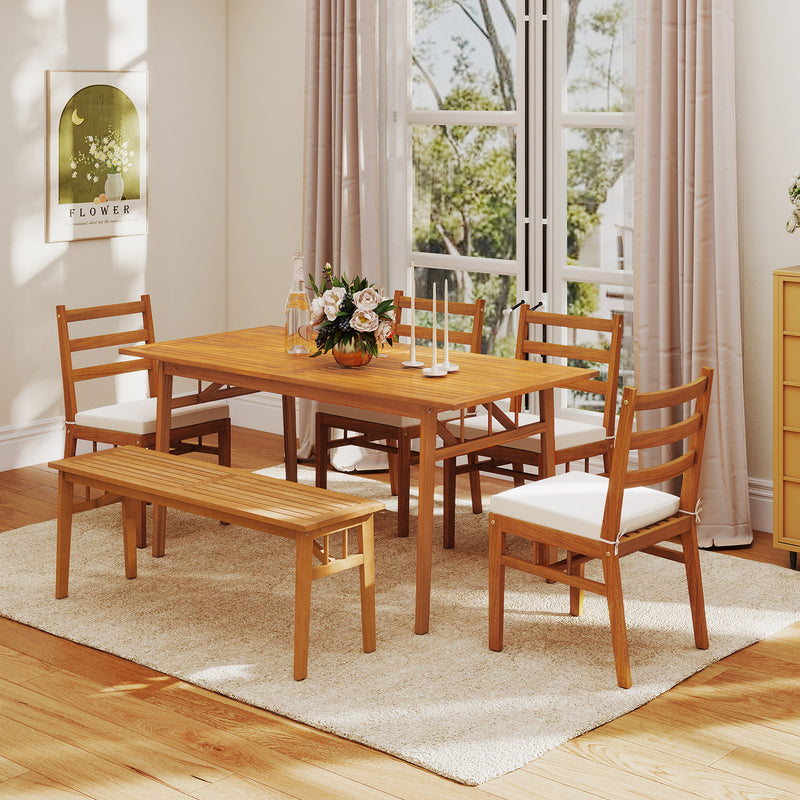 Costway - 6 Pieces Patio Acacia Wood Dining Set with Bench Rectangular Table and Chairs