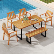 Costway - 6 Pieces Patio Dining Table Set 63” Rectangle Table with 4 Acacia Wood Armchairs and Backless Bench