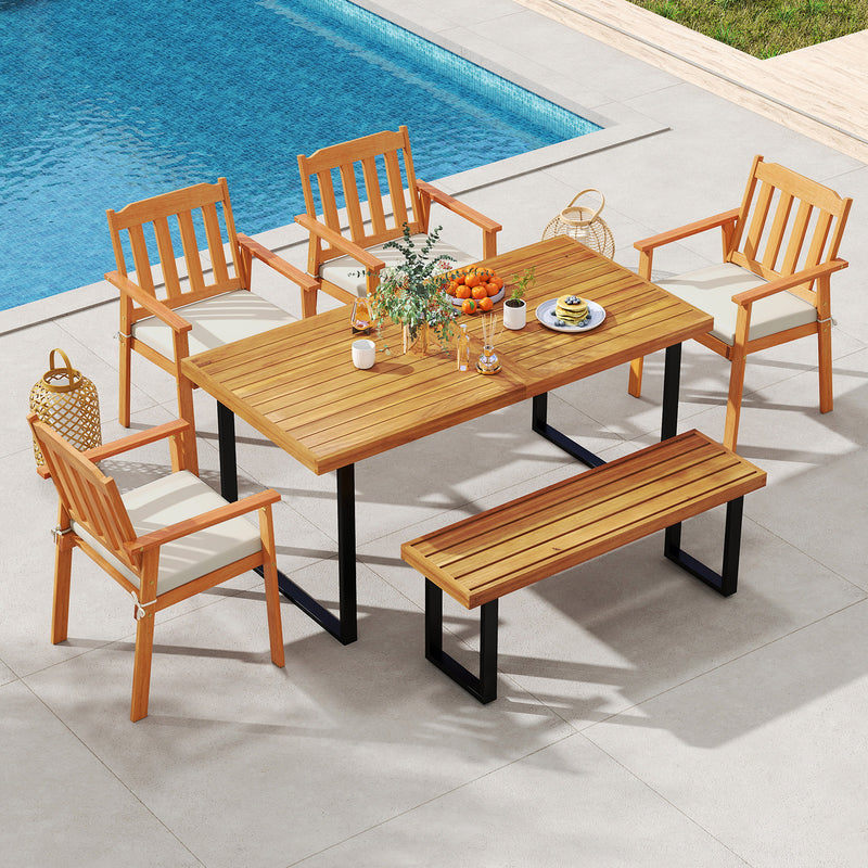 Costway - 6 Pieces Patio Dining Table Set 63” Rectangle Table with 4 Acacia Wood Armchairs and Backless Bench