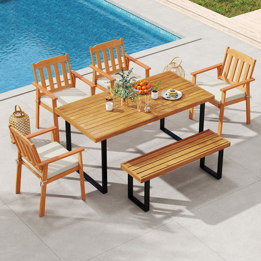 Costway - 6 Pieces Patio Dining Table Set 63” Rectangle Table with 4 Acacia Wood Armchairs and Backless Bench