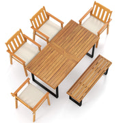 Costway - 6 Pieces Patio Dining Table Set 63” Rectangle Table with 4 Acacia Wood Armchairs and Backless Bench