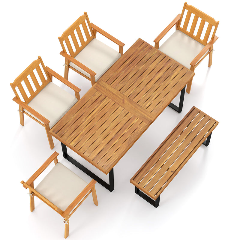 Costway - 6 Pieces Patio Dining Table Set 63” Rectangle Table with 4 Acacia Wood Armchairs and Backless Bench