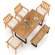 Costway - 6 Pieces Patio Dining Table Set 63” Rectangle Table with 4 Acacia Wood Armchairs and Backless Bench