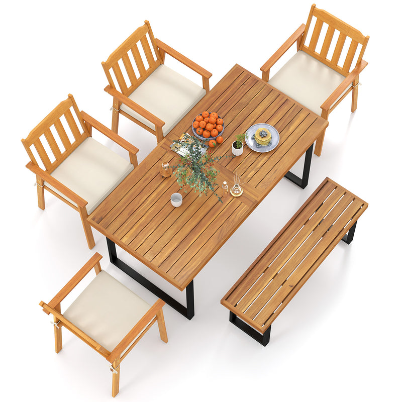 Costway - 6 Pieces Patio Dining Table Set 63” Rectangle Table with 4 Acacia Wood Armchairs and Backless Bench