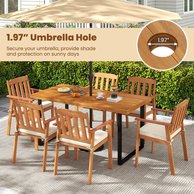 Costway - 6 Pieces Patio Dining Table Set 63” Rectangle Table with 4 Acacia Wood Armchairs and Backless Bench