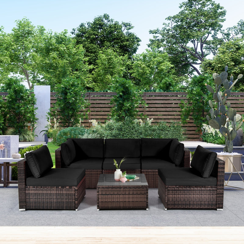 Costway - 6 Pieces Patio Rattan Furniture Set with Cushions and Glass Coffee Table-Black