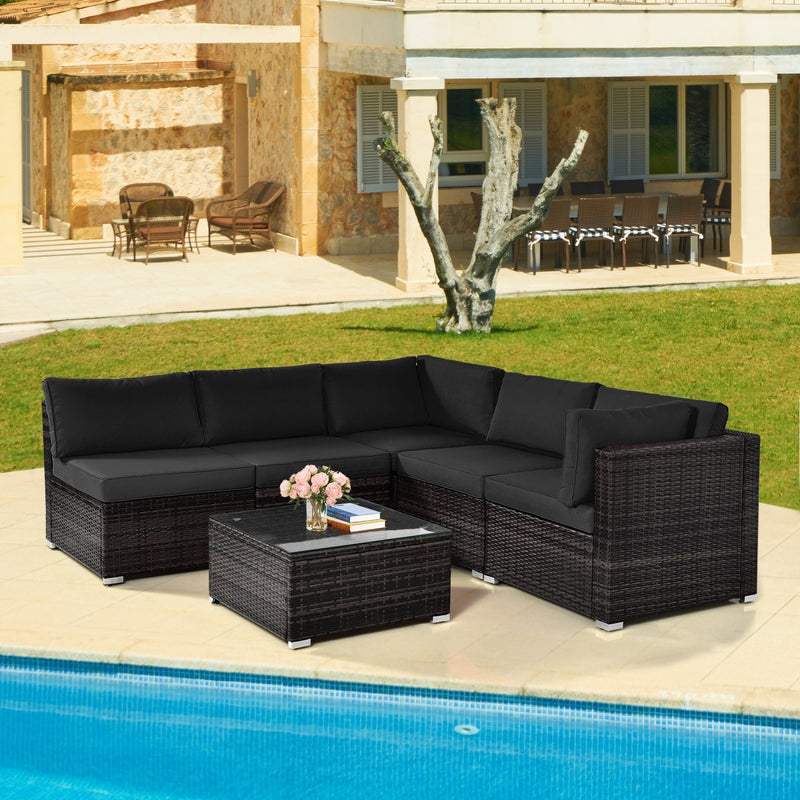 Costway - 6 Pieces Patio Rattan Furniture Set with Cushions and Glass Coffee Table-Black