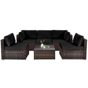 Costway - 6 Pieces Patio Rattan Furniture Set with Cushions and Glass Coffee Table-Black