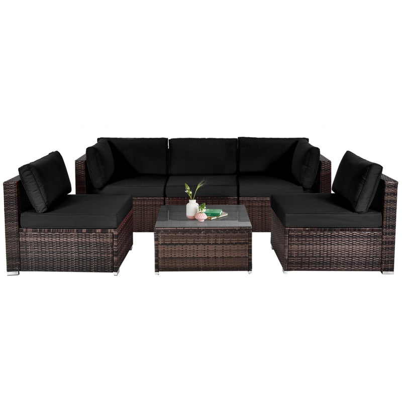 Costway - 6 Pieces Patio Rattan Furniture Set with Cushions and Glass Coffee Table-Black