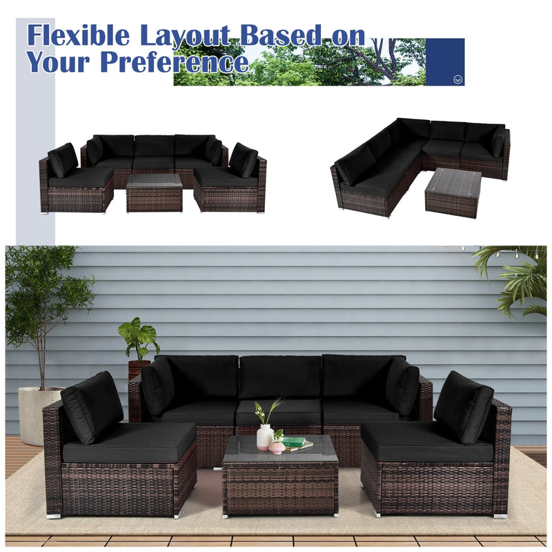 Costway - 6 Pieces Patio Rattan Furniture Set with Cushions and Glass Coffee Table-Black