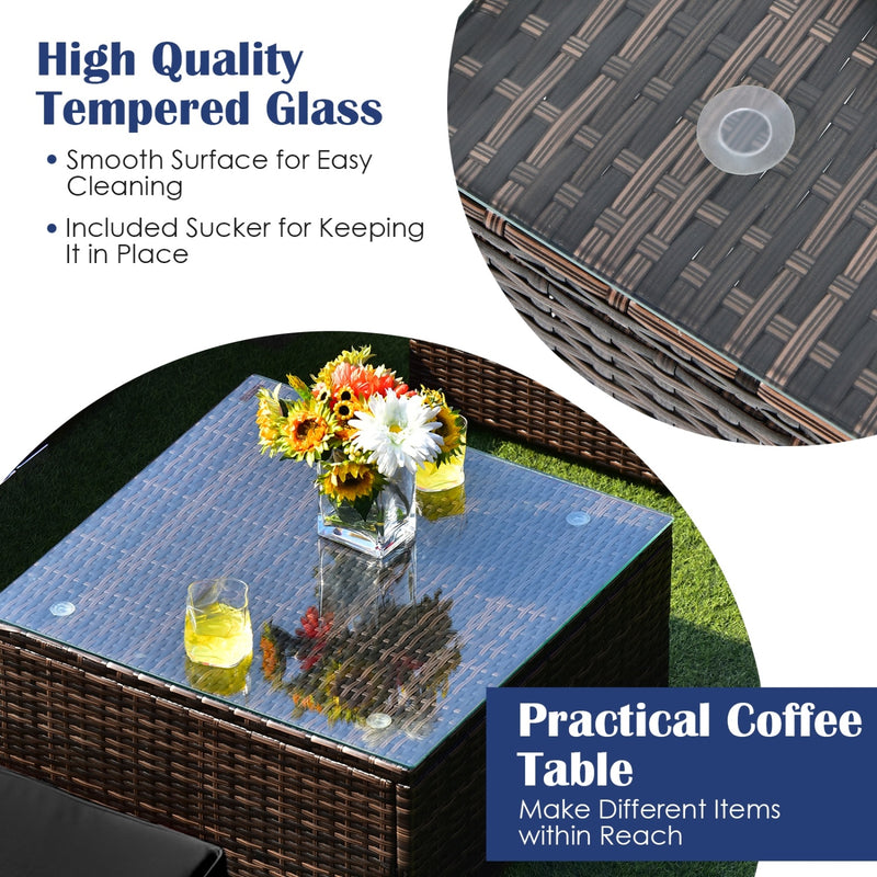 Costway - 6 Pieces Patio Rattan Furniture Set with Cushions and Glass Coffee Table-Black