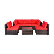 Costway - 6 Pieces Patio Rattan Furniture Set with Cushions and Glass Coffee Table-Red